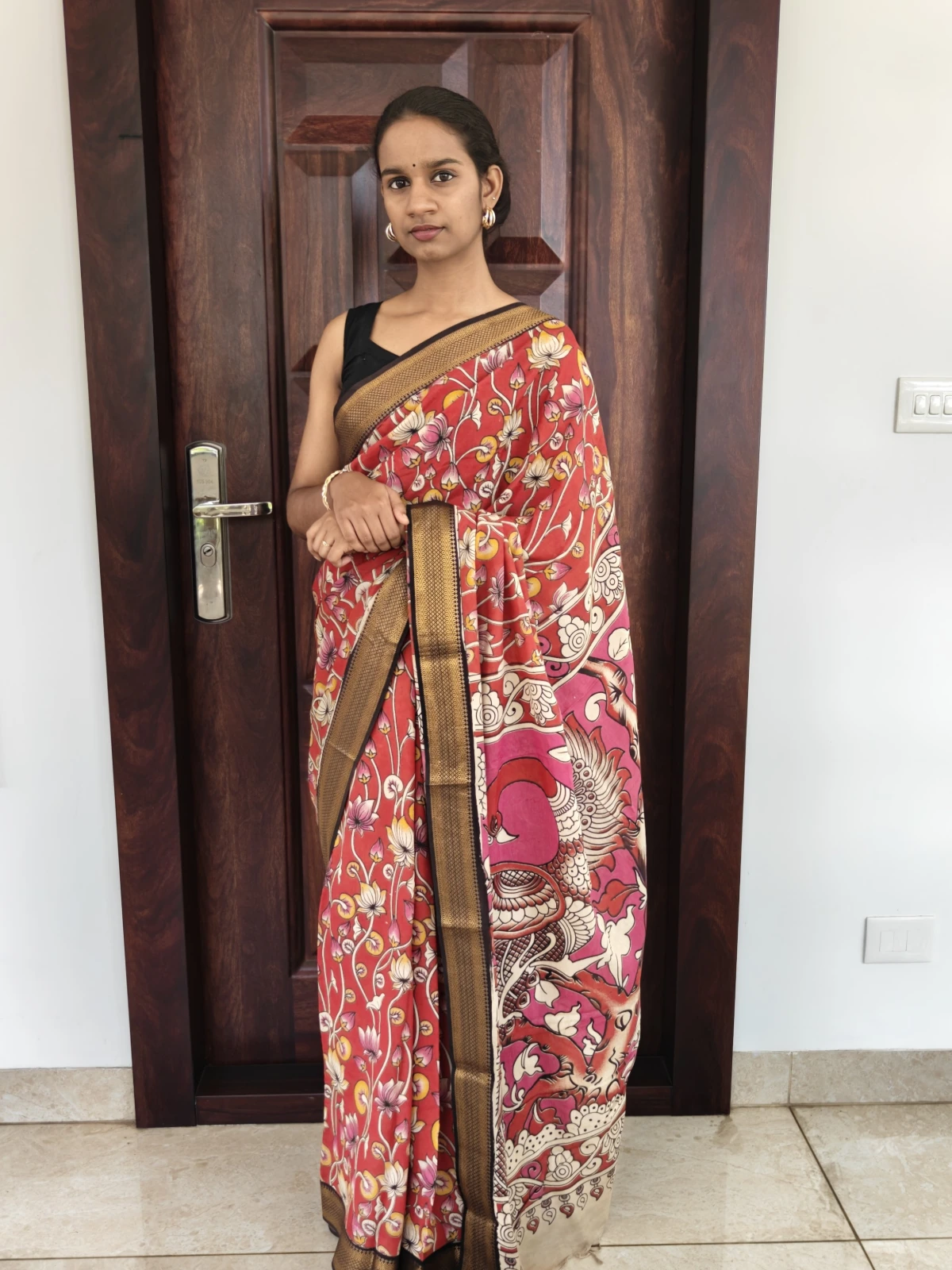 Red Lotus Kalamkari Silk with Nizam Border Saree